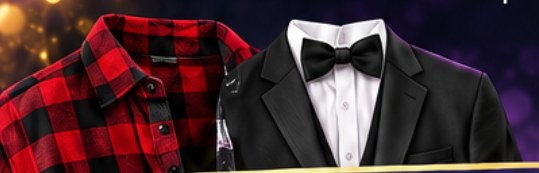 A red flannel shirt next to a black tuxedo